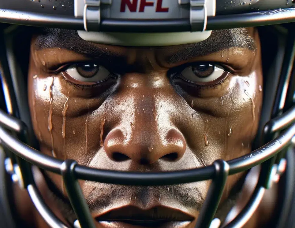 DALL·E 2024-02-07 20.17.20 - A photorealistic close-up of an NFL player's face, capturing a dramatic and intense expression as if staring directly into the camera. The face shows